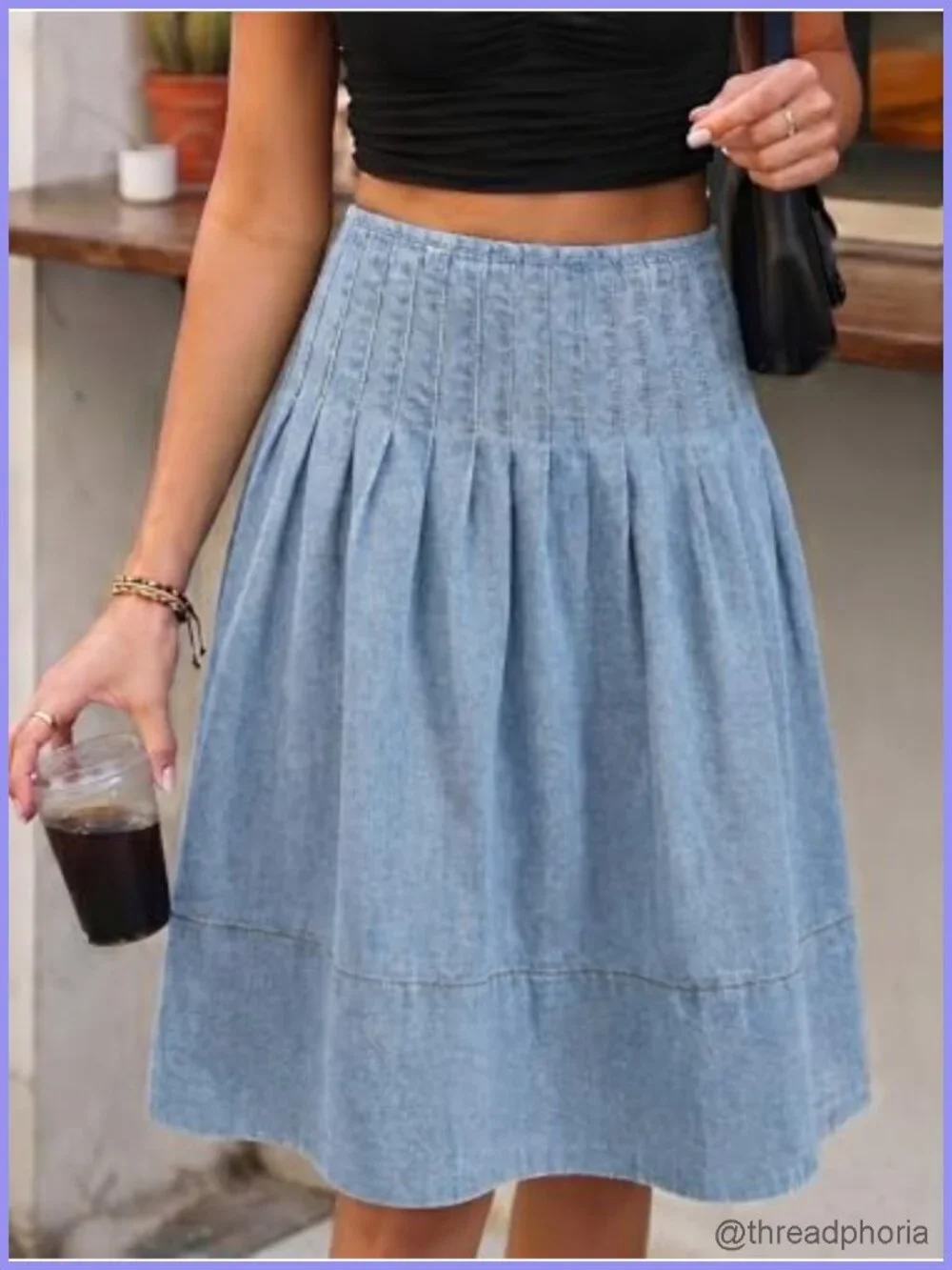 High Waisted Pleated Denim A-Line Midi Skirt